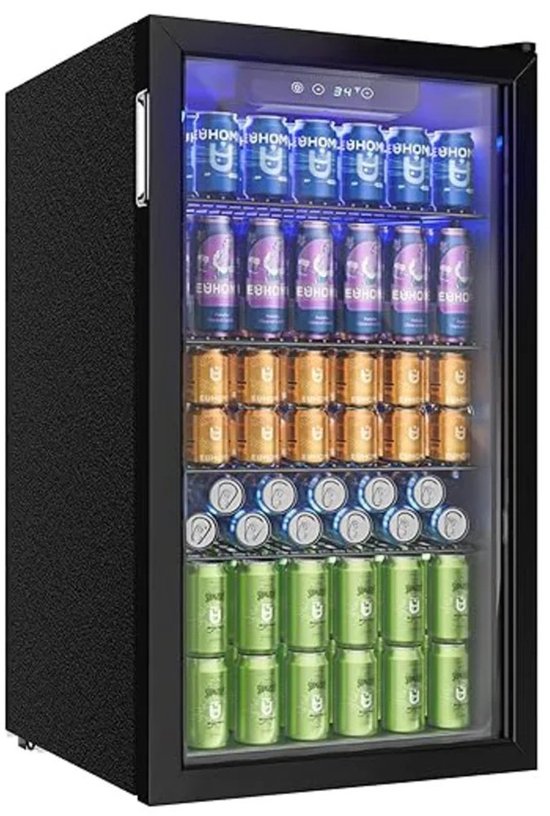 Velmio Koelkast - Koelkasten - Dranken Koelkast - Met Glazen Deur - Voor 126 Blikjes - Mini Bar - Verstelbare Planken - RVS - Zwart/zilver
