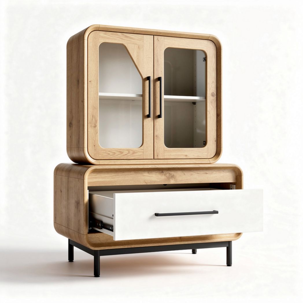 Houten kast met glazen deuren en lade 80 x 40 x 100cm