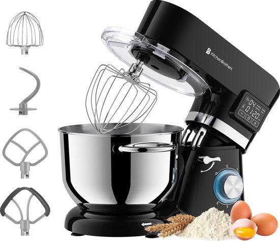 KitchenBrothers Keukenrobot - Keukenmachine - Touch Display en Timer - 6,2L - Keukenmixer - 1400W - Zwart(Zwart， 1400W Display)