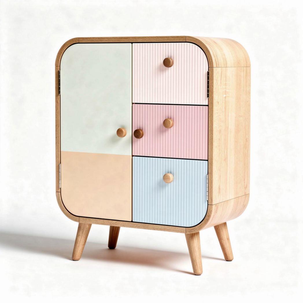 Houten kast met vier kleuren lades en een afmeting van 60 x 40 x 80cm