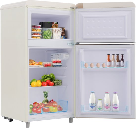 Merkloos / Sans marque Retro Koelkast - Mini Koelvriescombinatie - Dubbeldeurs Koelkast - Vrijstaand – 72L – Klasse E – Stil 39dB - LED - Slaapkamer - 91cm - Vriesvak - Wit(Wit)