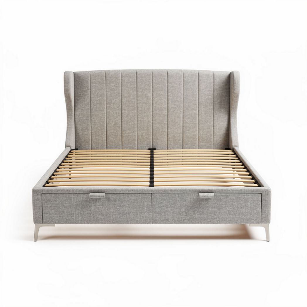 bed met gestoffeerde hoofdbord van stof met lades 200 x 160 x 100cm grijs