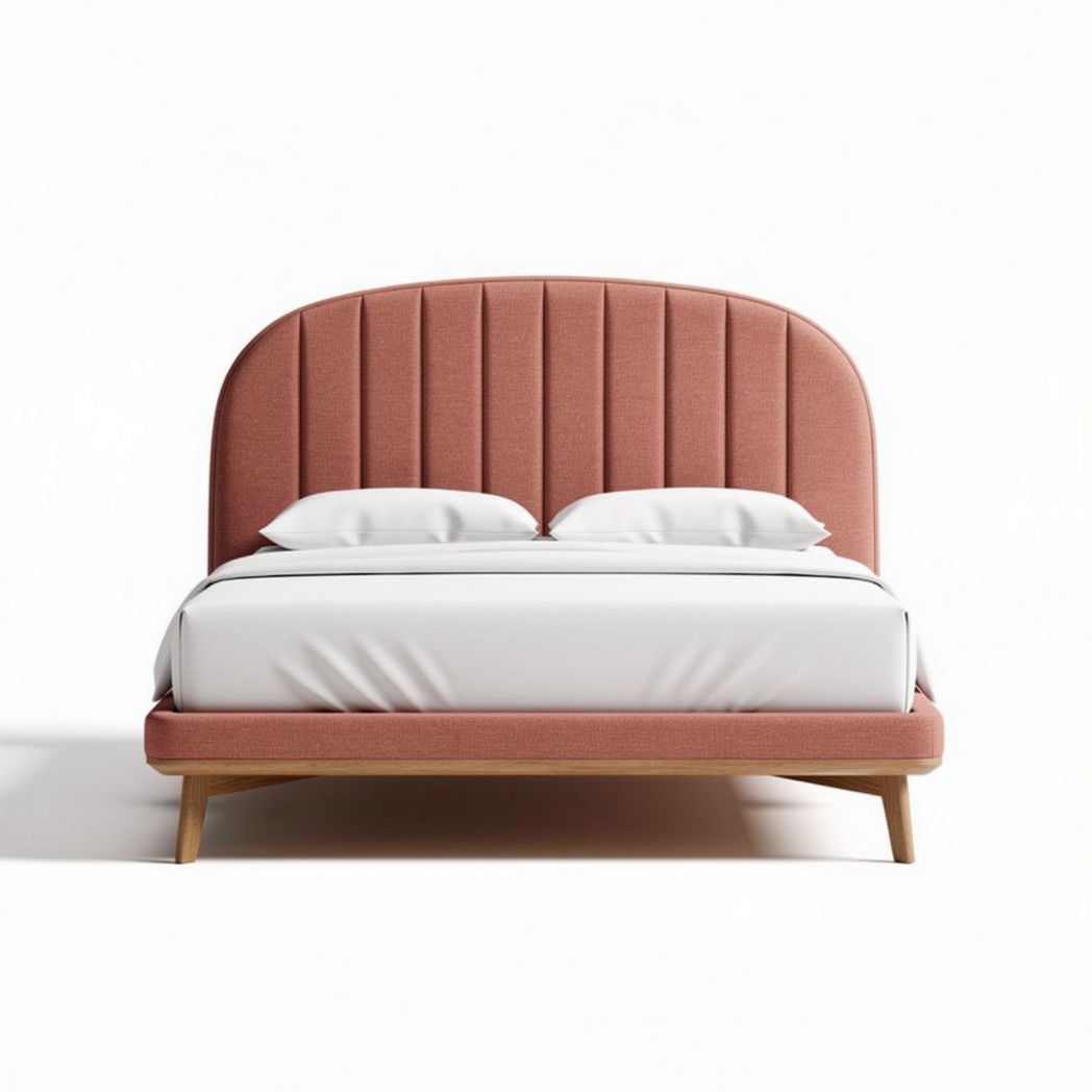 Hoofdeinde bed van zacht textiel met houten poten 210 x 160 x 100cm