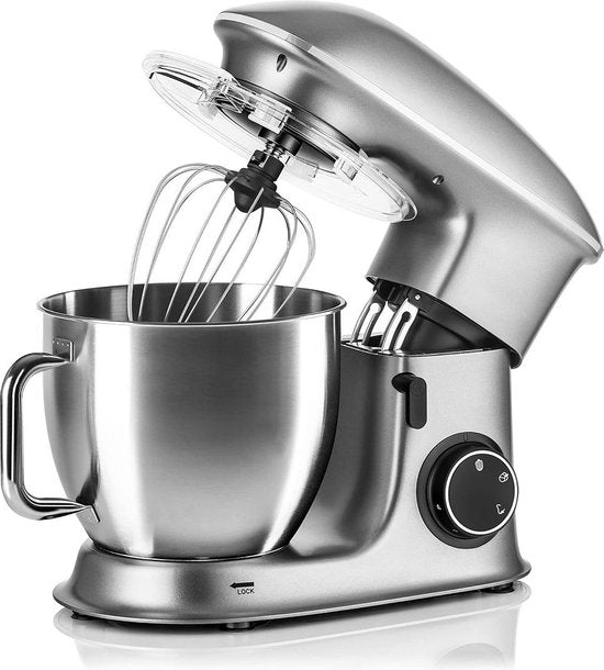 White-Label® Luxe Deegmachine met Spatbescherming - Deegmachine voor Zwaar Deeg - Met Deeghaak en Garde - Kneedmachine - Keukenmachine - Deegmixer met 7 Standen - Zilver