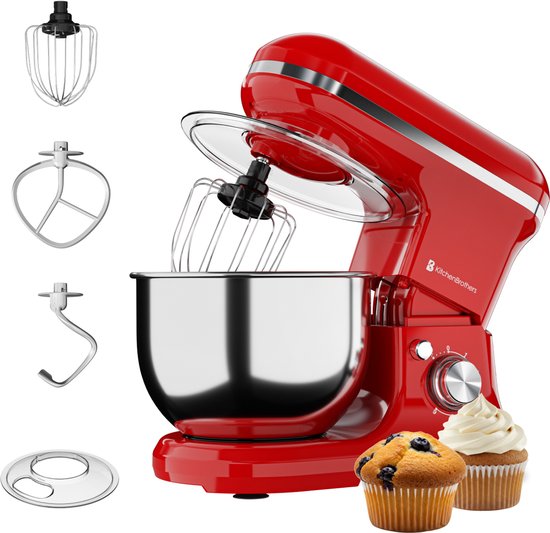KitchenBrothers 1200W Keukenmachine - Keukenrobot - 5L - Mixer met Mengkom - Keukenmixer - Rood(Rood， 1200W)