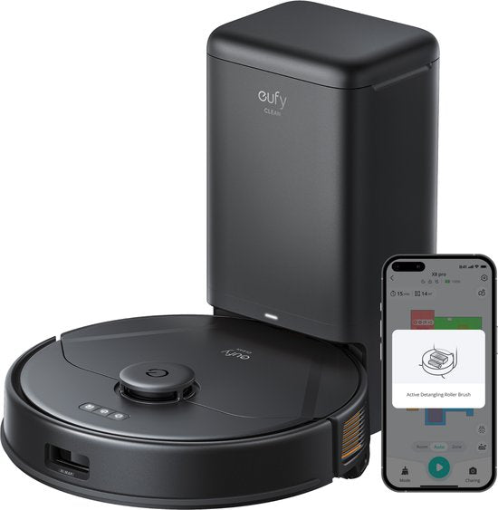 Eufy eufy Clean X8 Pro Robotstofzuiger met leegstation en dweilfunctie - Robot Vacuum - Twin-Turbine™ met 2 × 4000 Pa Zuigkracht, Bestuurbaar via app, Zelfontwarrende Rolborstel, iPath™ Navigatie