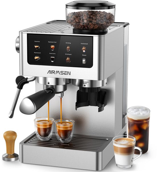 AIRMSEN Espressomachine - 20 Bar - Pistonmachine met Bonenmaler - Met Stoompijpje - Zilver