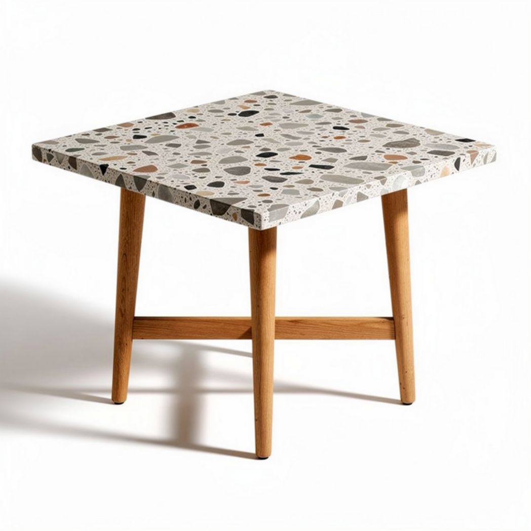 Tafel van terrazzo met houten poten 60 x 60 x 45cm voor binnengebruik