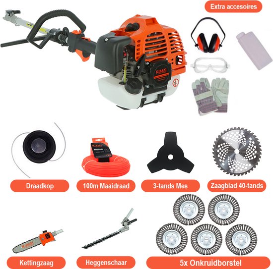 Kibani 6-in-1 Multitool incl 5 onkruidborstels- 52 cc - 1.9 PK 2-takt Benzine Motor - Heggenschaar - Kettingzaag - Grastrimmer - Maaidraad 100M - Onkruidborstel - Zaagblad - Maaidraad 100m - Bosmaaier - Combitool