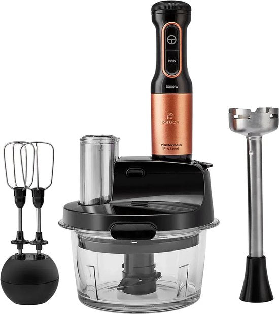 KARACA Karaca Mastermaid Prosteel - Keukenrobot 2500W – Glazen Hakmolen 1,5L – Staafmixer, Smoothiebeker, Garde, Rasp  Snijschijven – Zwart/Koper