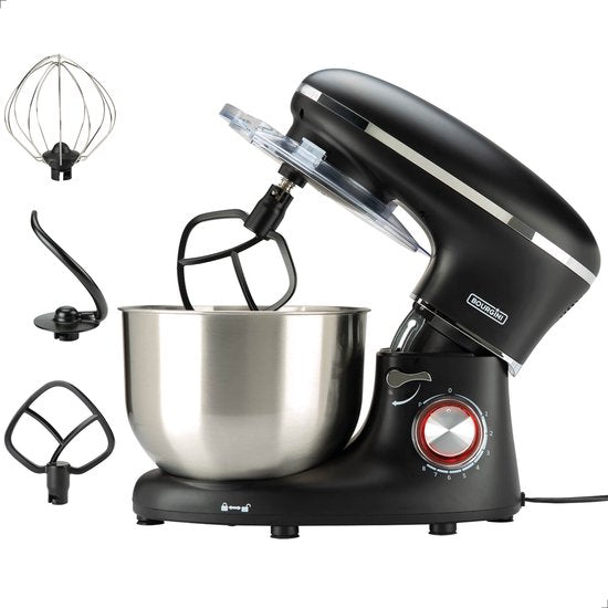 Bourgini Kitchen Chef Plus - XL Keukenmachine - 6.2L mengkom - Keukenrobot - 3 Accessoires - Keukenmixer - 1.2kg pizza/brooddeeg kneden(6.2L， Zwart)